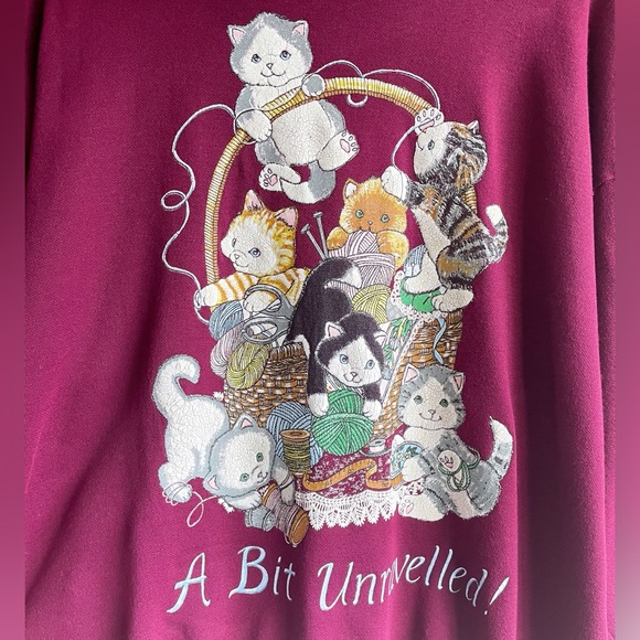 Vintage 90s Burgundy Yarn Kit Kitty Cat A Bit Unraveled Sweatshirt Phoebe Buffay - Picture 4 of 7